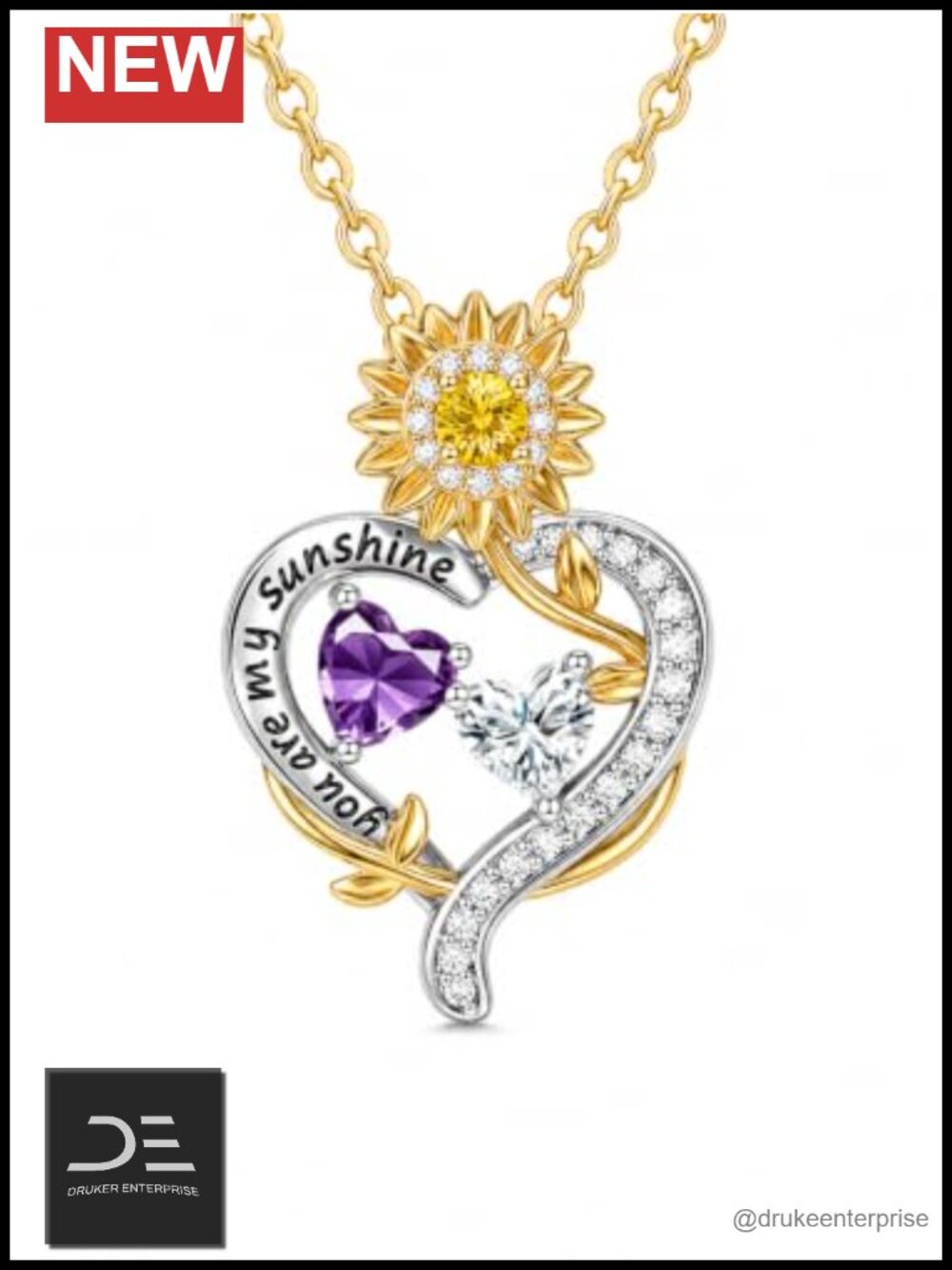 14K Gold Plated Sunflower Heart Necklace Cubic Zirconia Pendant
